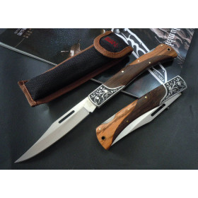 Carve Patterns Wood Handle Folding Knife Stainless Steel Knife with Nylon Sheath UDTEK01389
